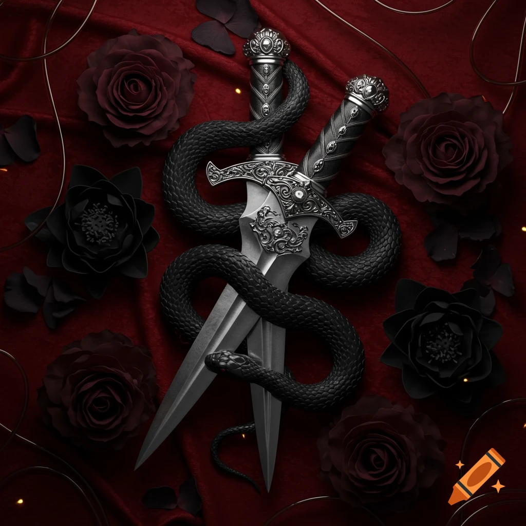A black snake coiled around two silver daggers on red velvet, surrounded by dark red roses and black lotuses.