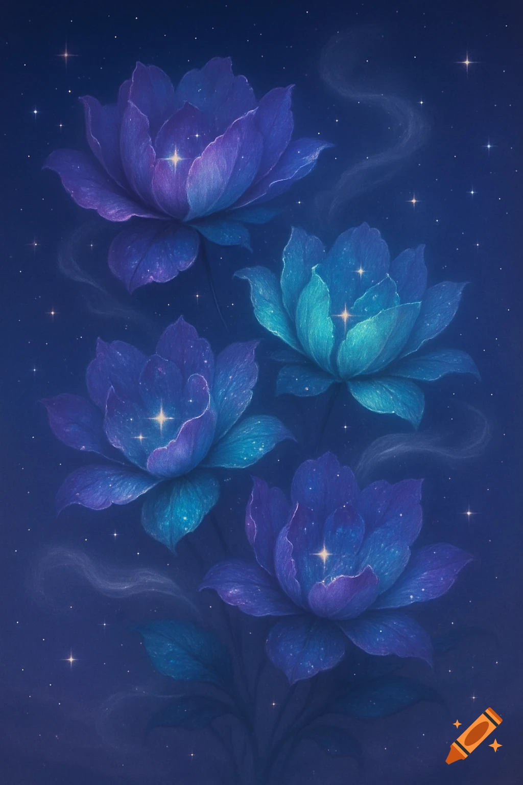 Purple and blue glowing flowers with stars embedded in their petals, set against a dark, starry night sky.