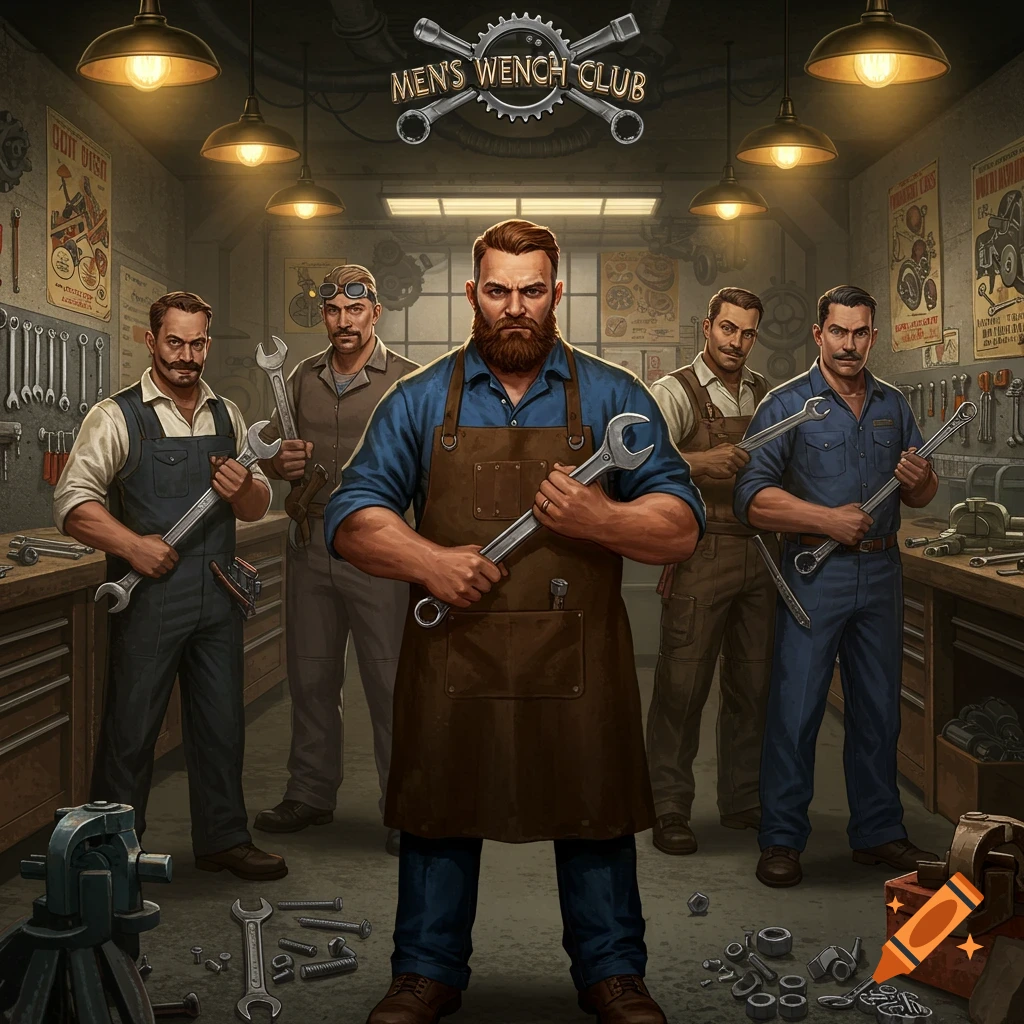 An illustration of five bearded men in aprons and work clothes holding wrenches in a vintage-style workshop under a 'MEN'S WENCH CLUB' logo.