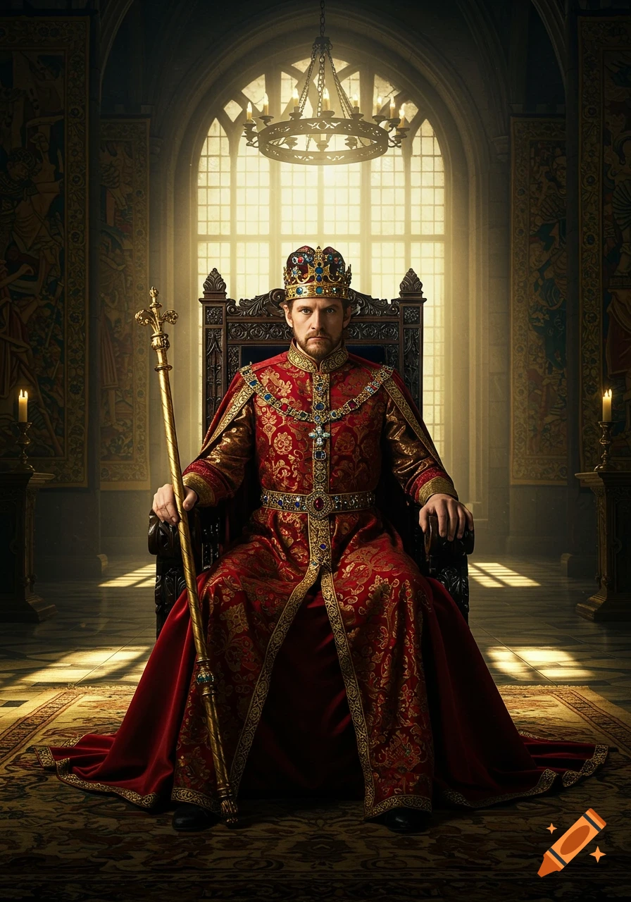 A majestic king in ornate red and gold robes and a crown sits on a throne in a grand hall, holding a scepter.