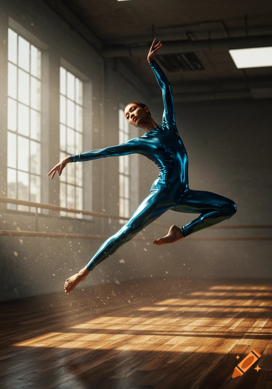 Photorealistic image of a dancer in a blue metallic unitard mid-leap in a sunlit dance studio with large windows.