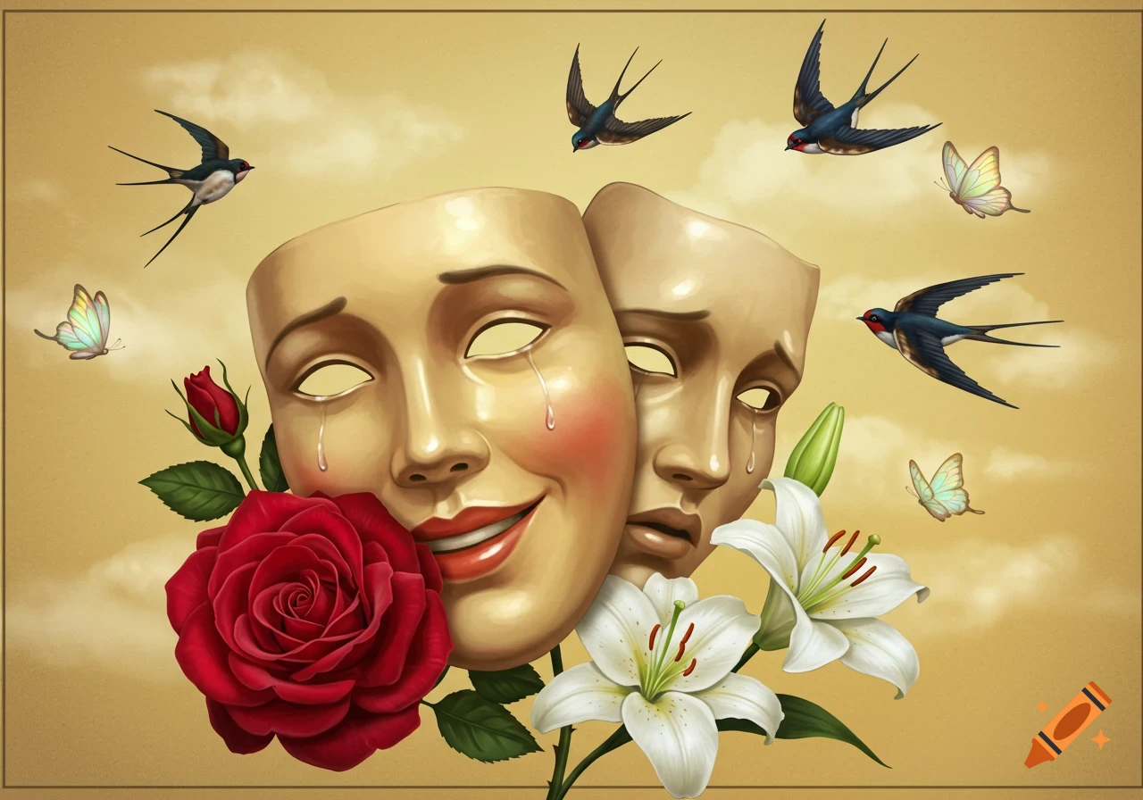 Two theatrical masks, one smiling and one frowning, both shedding tears, surrounded by a red rose, white lilies, butterflies, and swallows against a cloudy yellow sky.