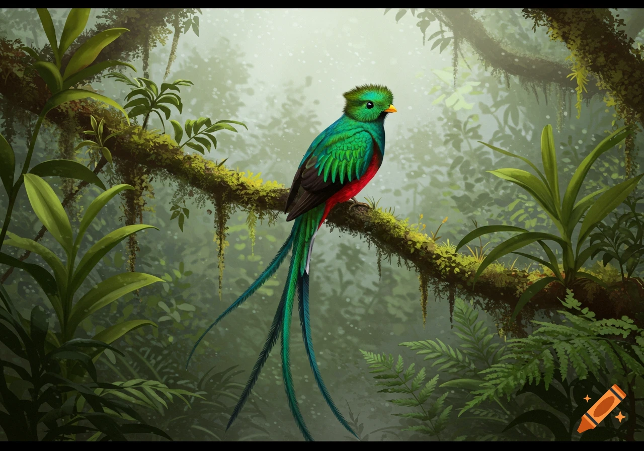 A vibrant green and red quetzal bird with long tail feathers perches on a mossy branch in a misty jungle.