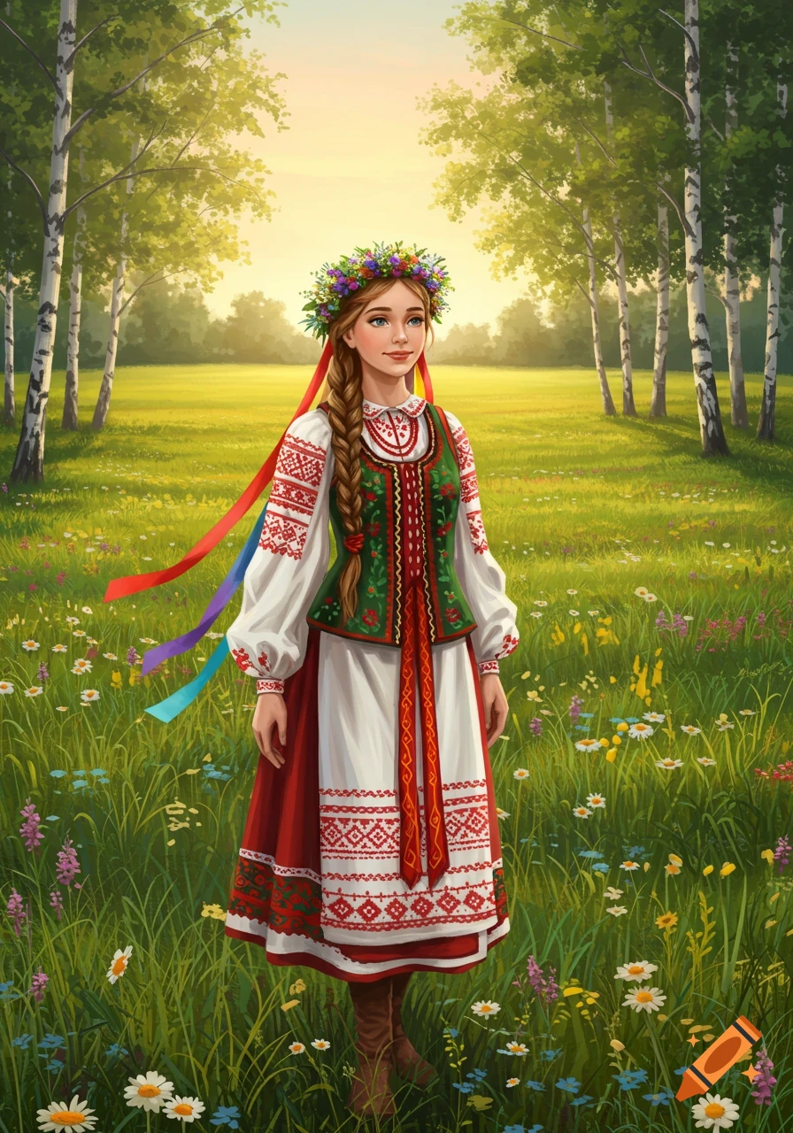 A girl in a Belarusian traditional costume with a flower wreath and long braid stands in a sunlit field with birch trees.