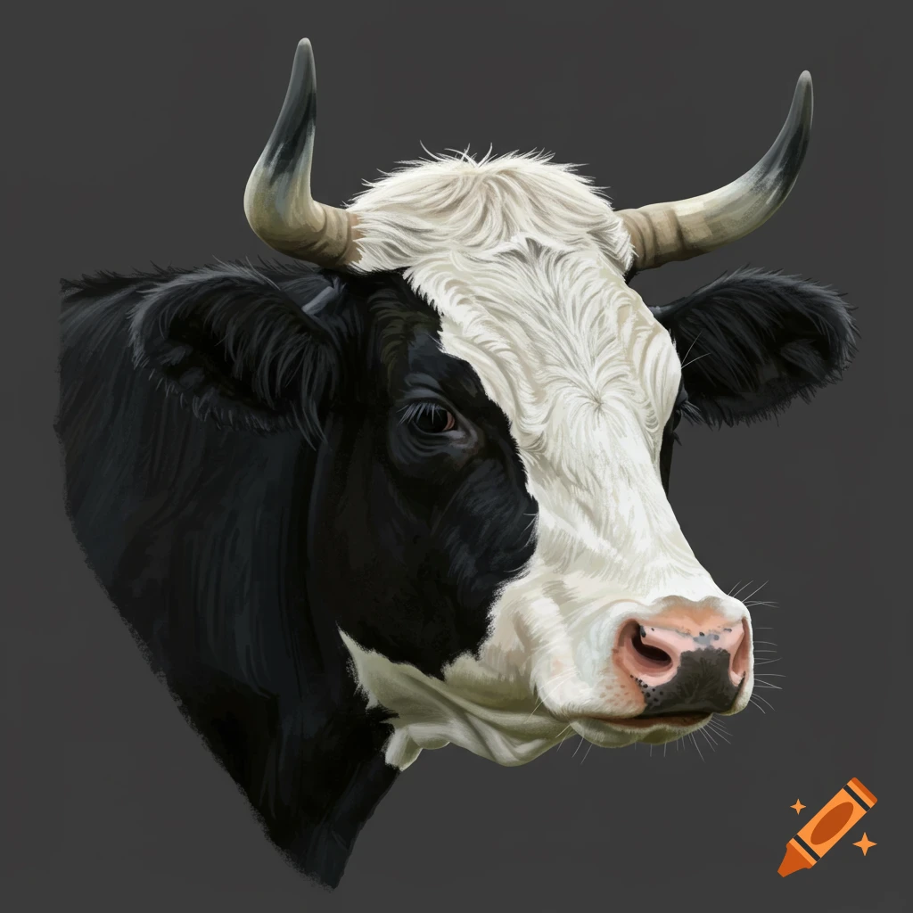 A detailed, realistic illustration of a black and white cow's head with prominent horns, against a solid dark grey background.