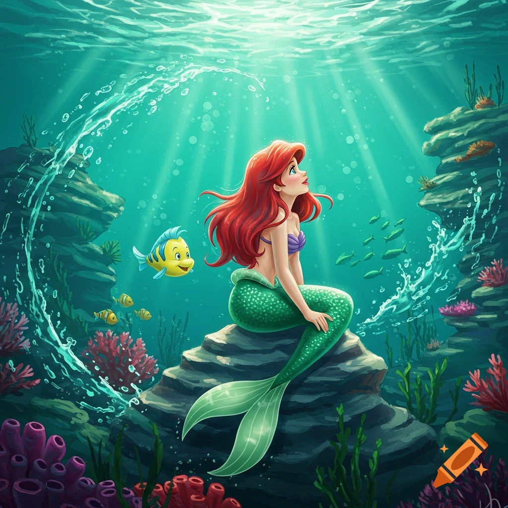 Cartoon Ariel with red hair and green tail sits on a rock underwater with Flounder beside her, sunlight beams through the turquoise water.
