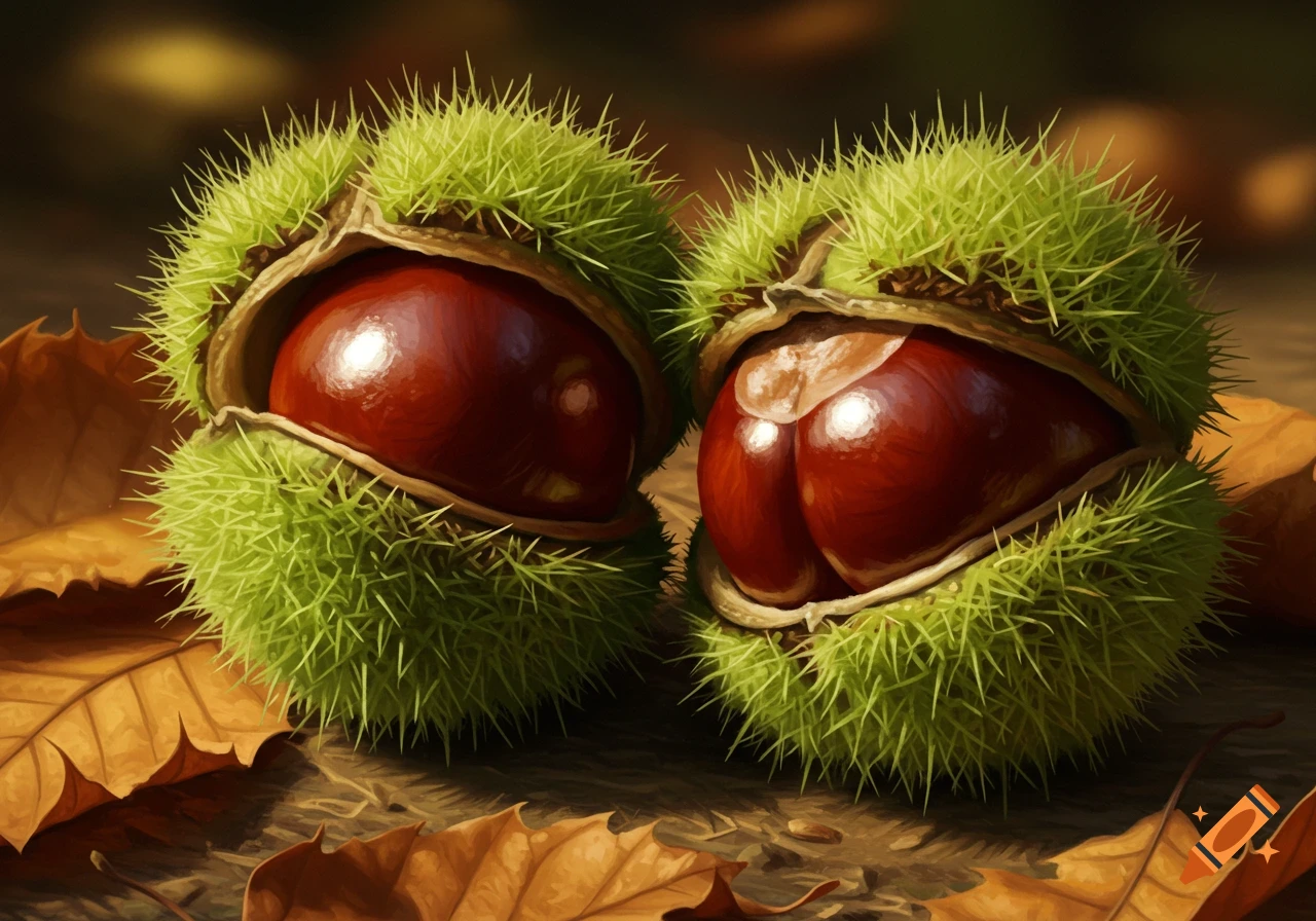 Close-up of two shiny, dark brown horse chestnuts peeking out of their spiky green husks, surrounded by autumn leaves.