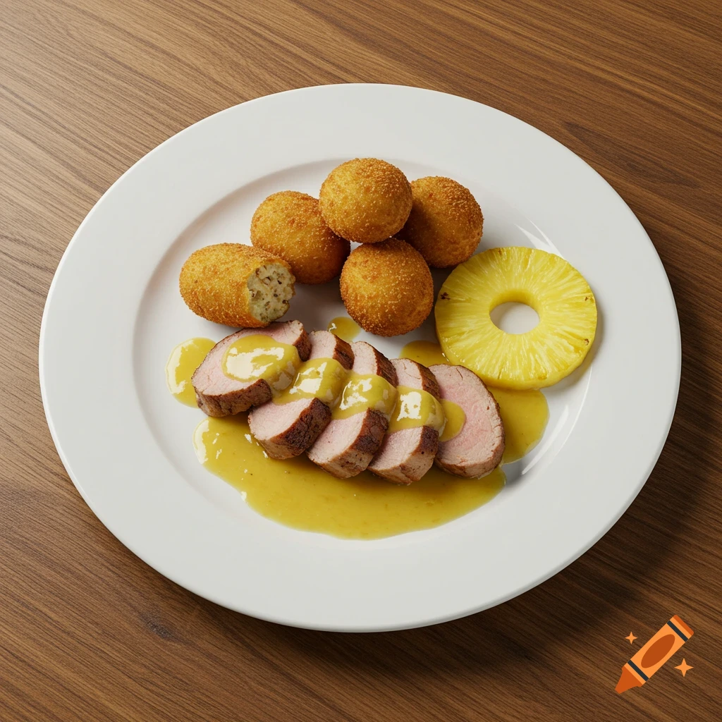 A white plate with sliced pork tenderloin in yellow-brown ginger sauce, golden-brown croquettes, and a pineapple slice on a wooden table.