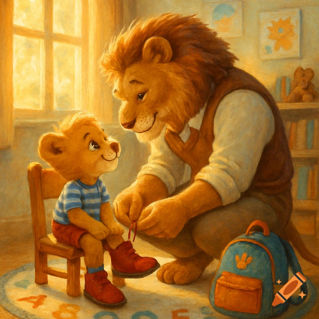 A parent lion ties the boot of a cub on a small chair in a warm, sunlit room, with a backpack nearby on an alphabet rug.
