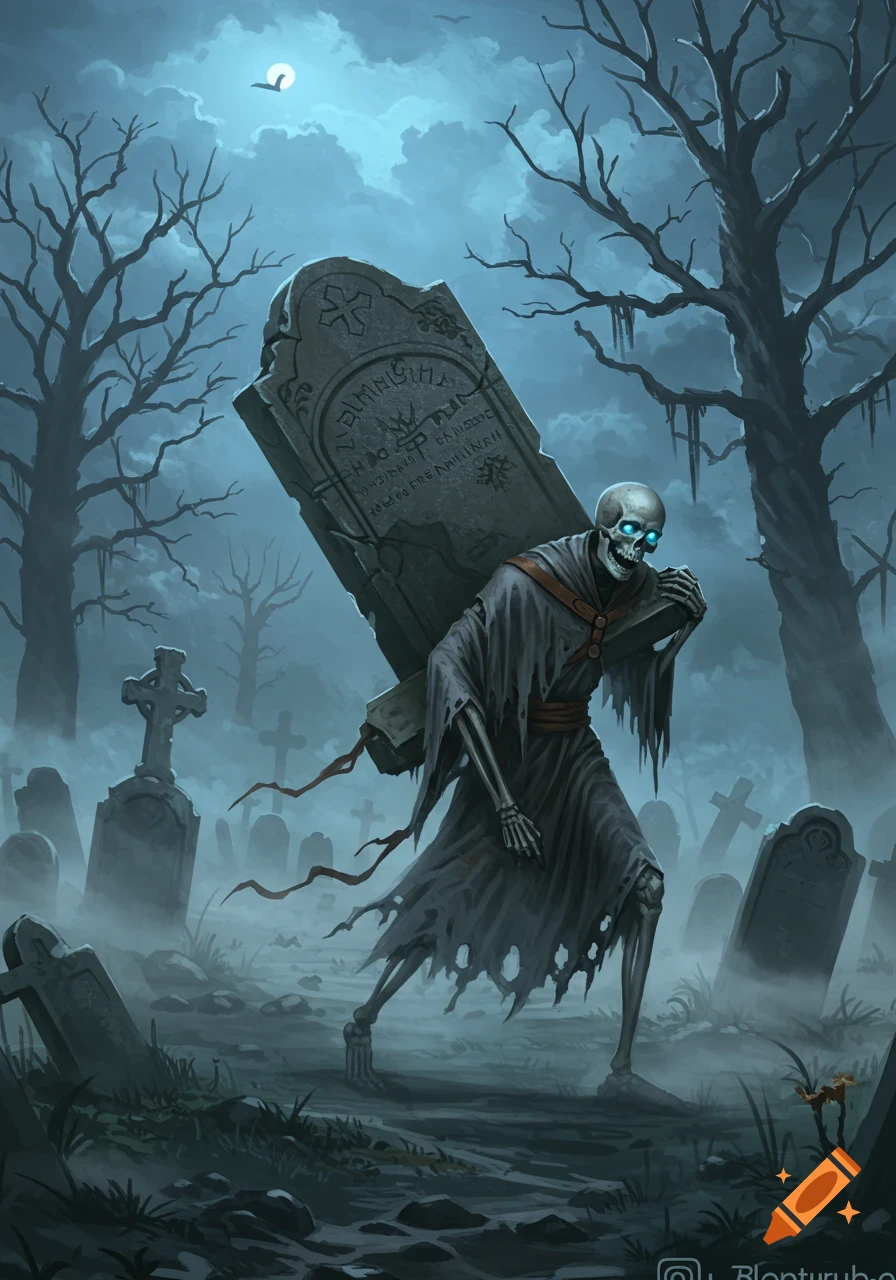 A glowing-eyed skeleton, cloaked and tattered, carries a large ornate tombstone through a foggy graveyard at night, under a pale moon.