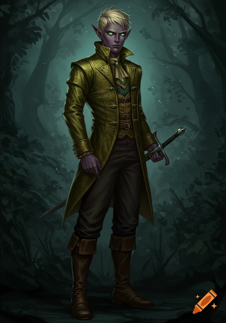 A male dark elf with blonde hair and green eyes, dressed in an ornate green-gold coat, holding a long sword in a mystical forest.