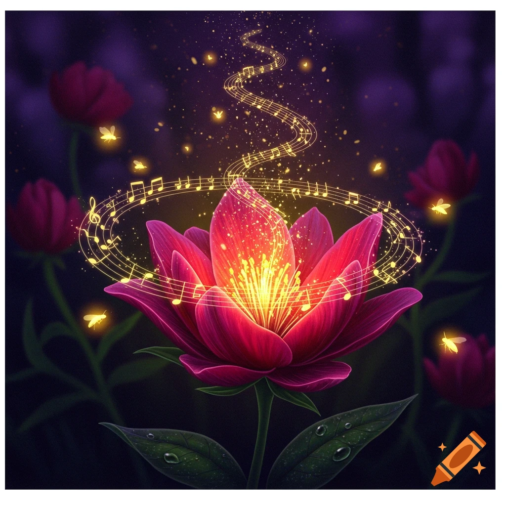 A glowing pink lotus flower with sparkling musical notes swirling above it, surrounded by fireflies in a dark, lush garden.