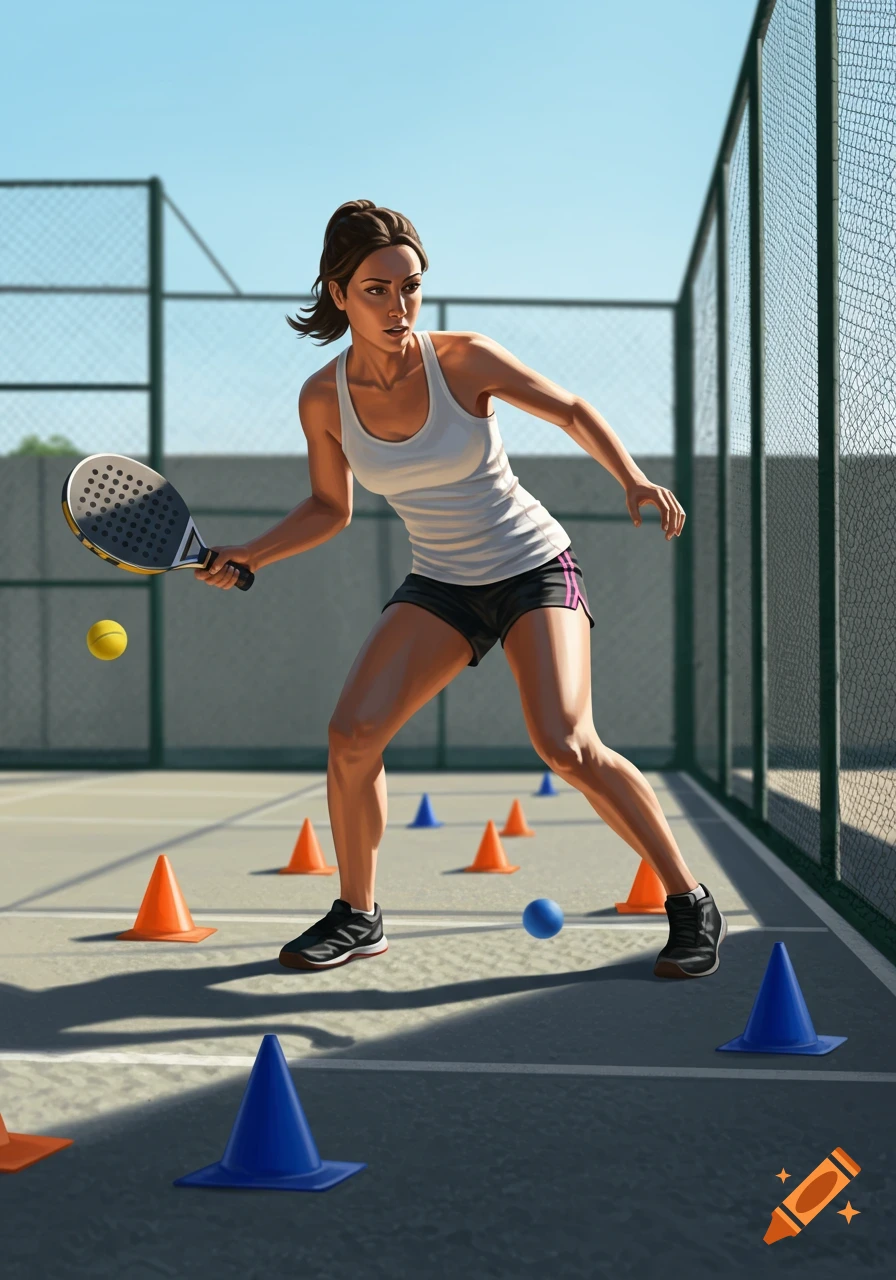 An illustration of a woman in sportswear holding a paddle, performing agility drills on a sunny outdoor court with orange and blue cones and two balls.