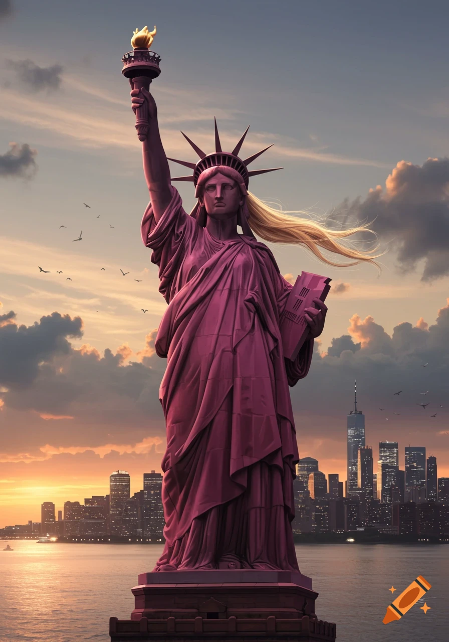 A dark pink Statue of Liberty with long blonde hair holding a torch and a tablet, set against a sunset sky and the New York City skyline.