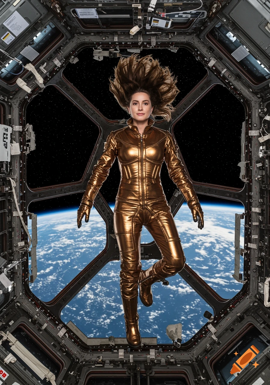 A woman in a metallic bronze flight suit floats inside the ISS Cupola, with Earth and stars visible outside.