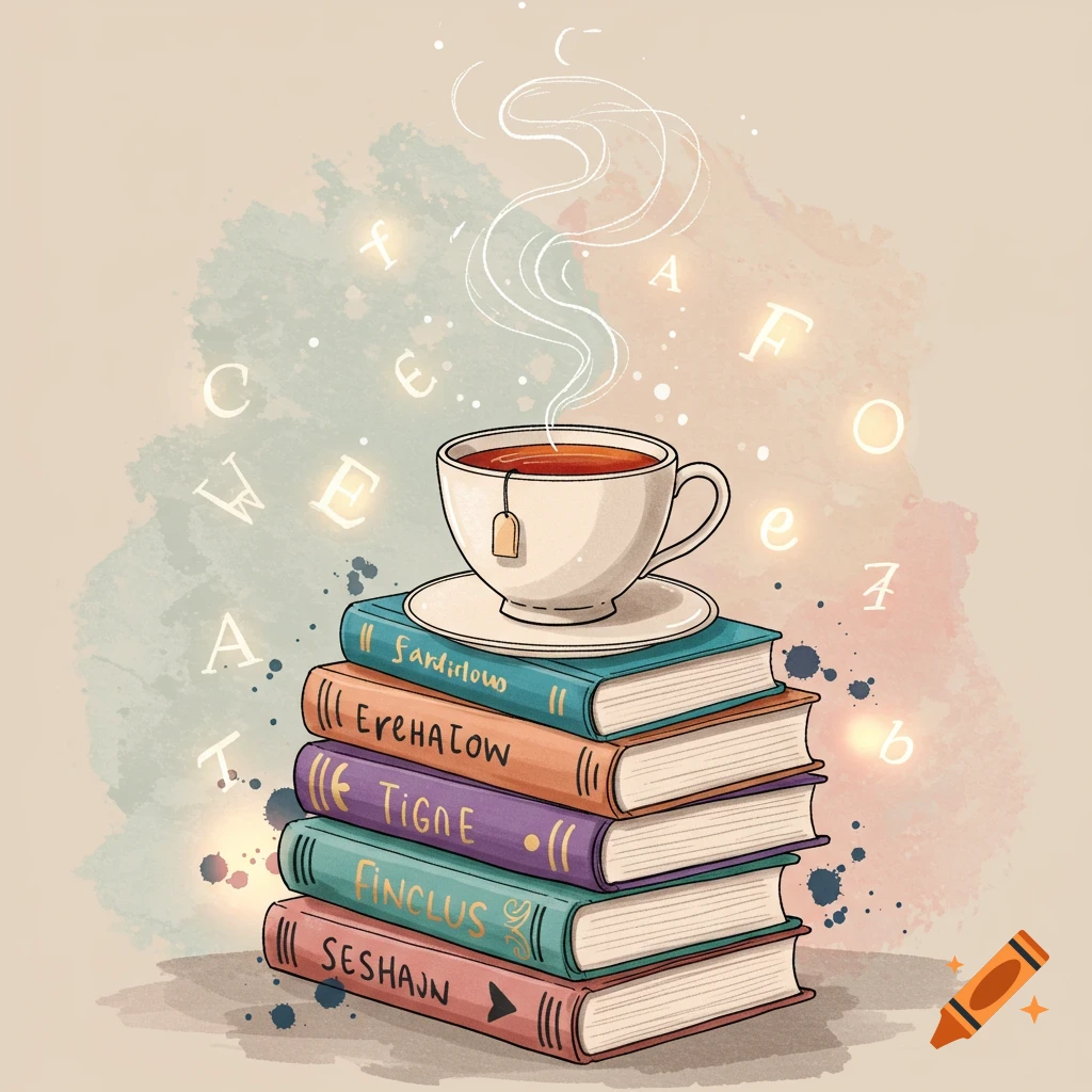 Watercolor illustration of a stack of colorful books with a teacup and saucer on top, steam rising, and glowing letters floating around.