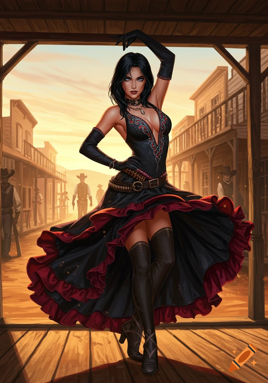 A beautiful woman in a black and red Wild West dancing girl outfit poses on a wooden porch in a western town, digital painting.