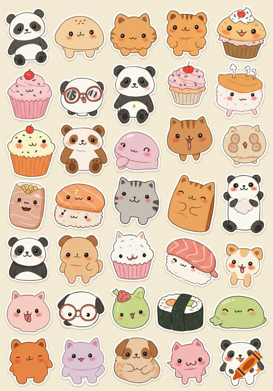 A sheet of cute, cartoon-style printable stickers featuring pandas, cats, dogs, other creatures, cupcakes, and sushi.