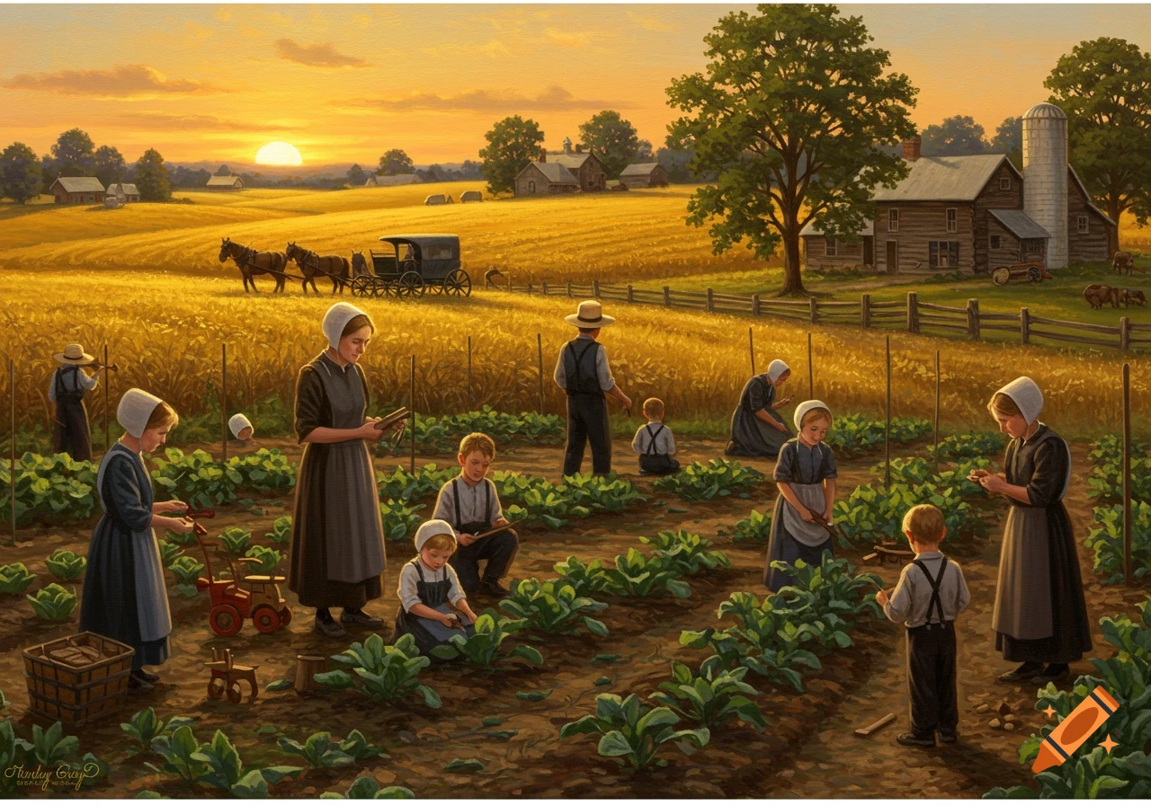 Amish families and children working in a golden field during sunset, with a horse-drawn carriage and farmhouses in the background.