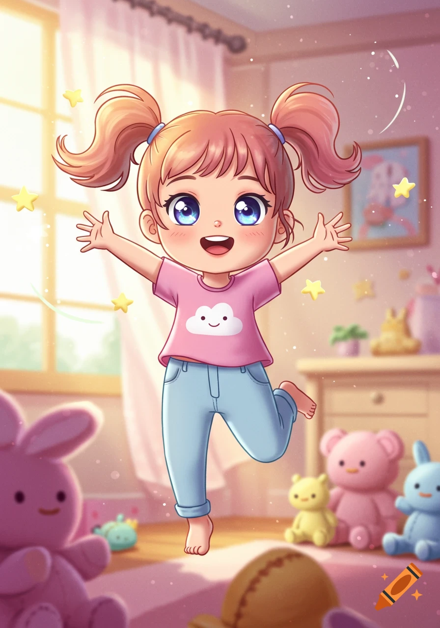 A happy cartoon little girl with pigtails in a pink cloud shirt and blue jeans jumps with arms open in a bright, pink-toned room filled with toys.
