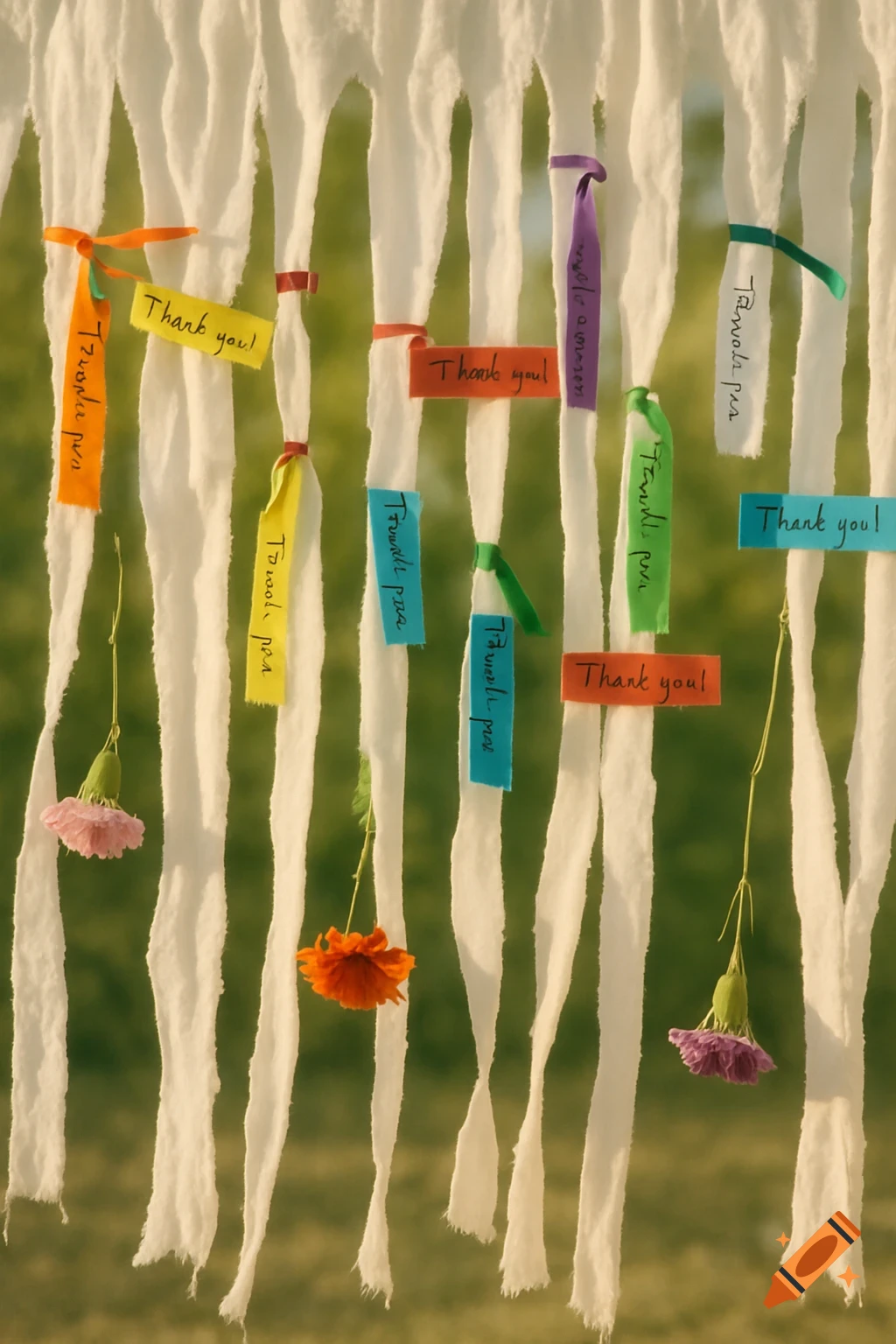 White fabric strips hang like a curtain, adorned with colorful ribbons and delicate pink, orange, and purple flowers.