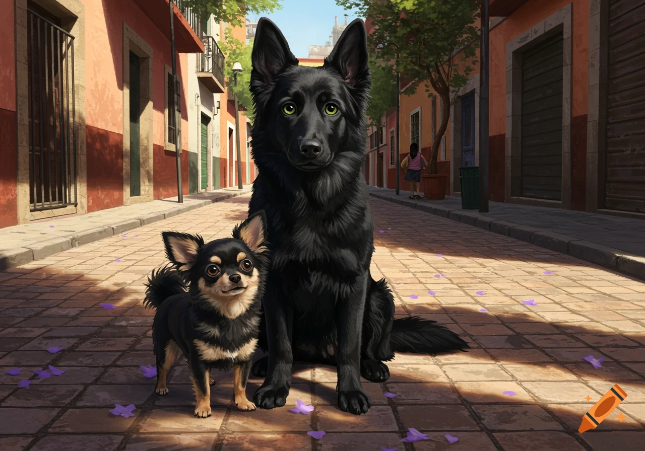 A black Chihuahua and a black German Shepherd with green eyes sit on a cobblestone street with purple petals, flanked by colorful buildings.