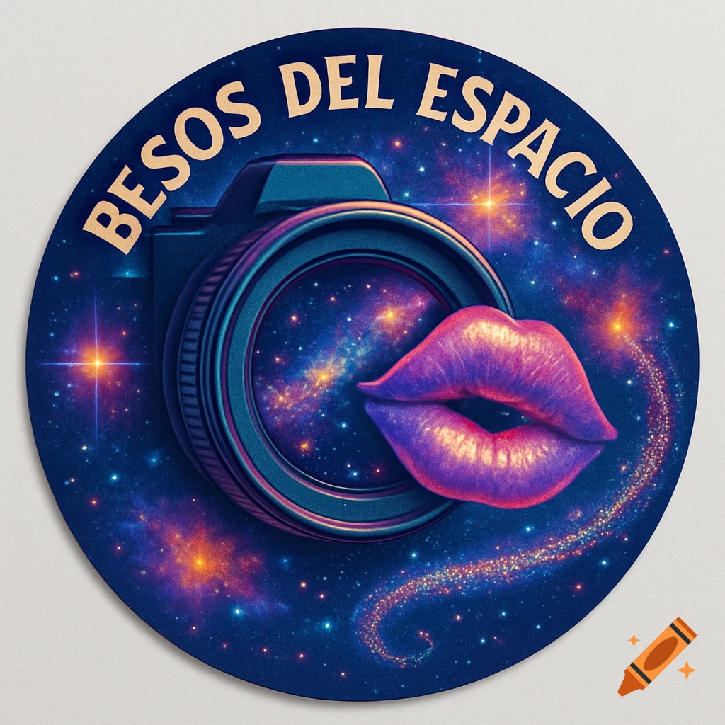 A vibrant circular illustration featuring a camera, purple lips, and text 'BESOS DEL ESPACIO' against a starry galaxy background.