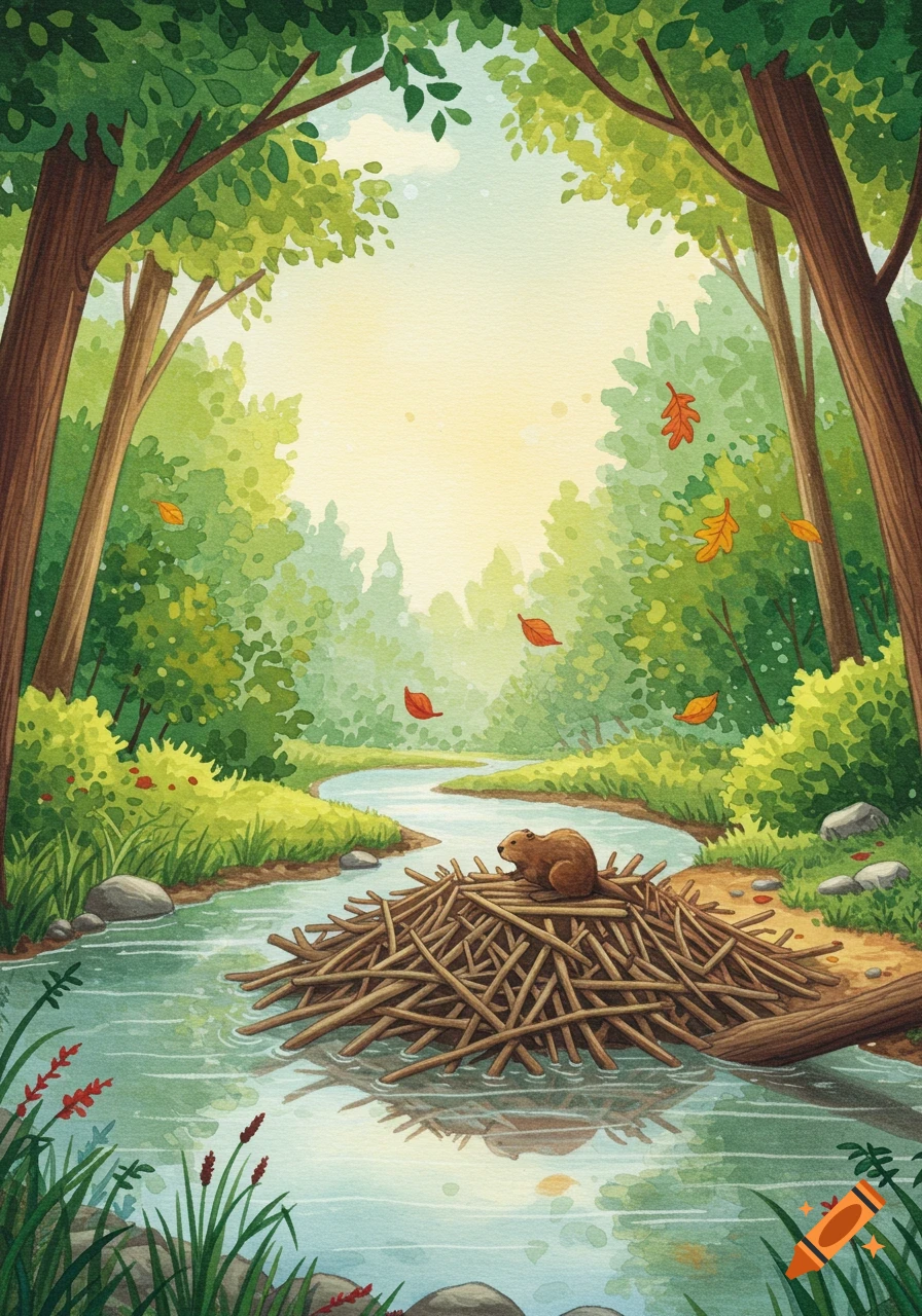 A vibrant watercolor illustration of a beaver on a log dam in a calm forest river, with lush green trees, sunlight, and falling autumn leaves.