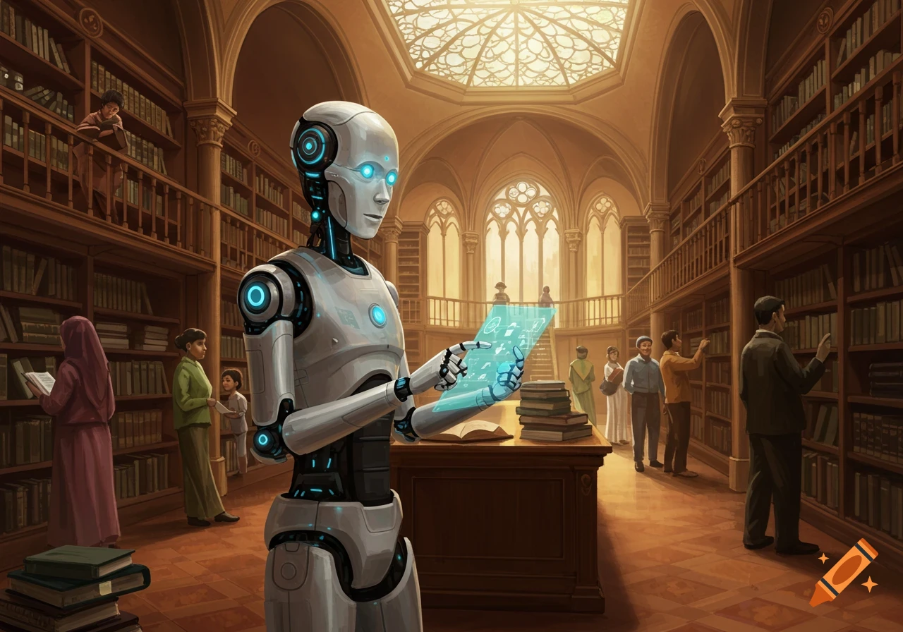 A humanoid robot in a grand library displays a holographic screen while diverse people browse bookshelves.