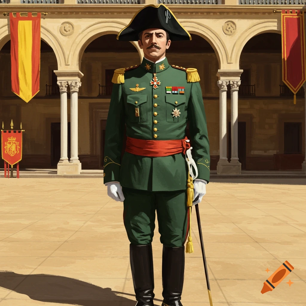 A man in a green military dress uniform with a bicorne hat, red sash, medals, and a saber stands in a sunny courtyard.