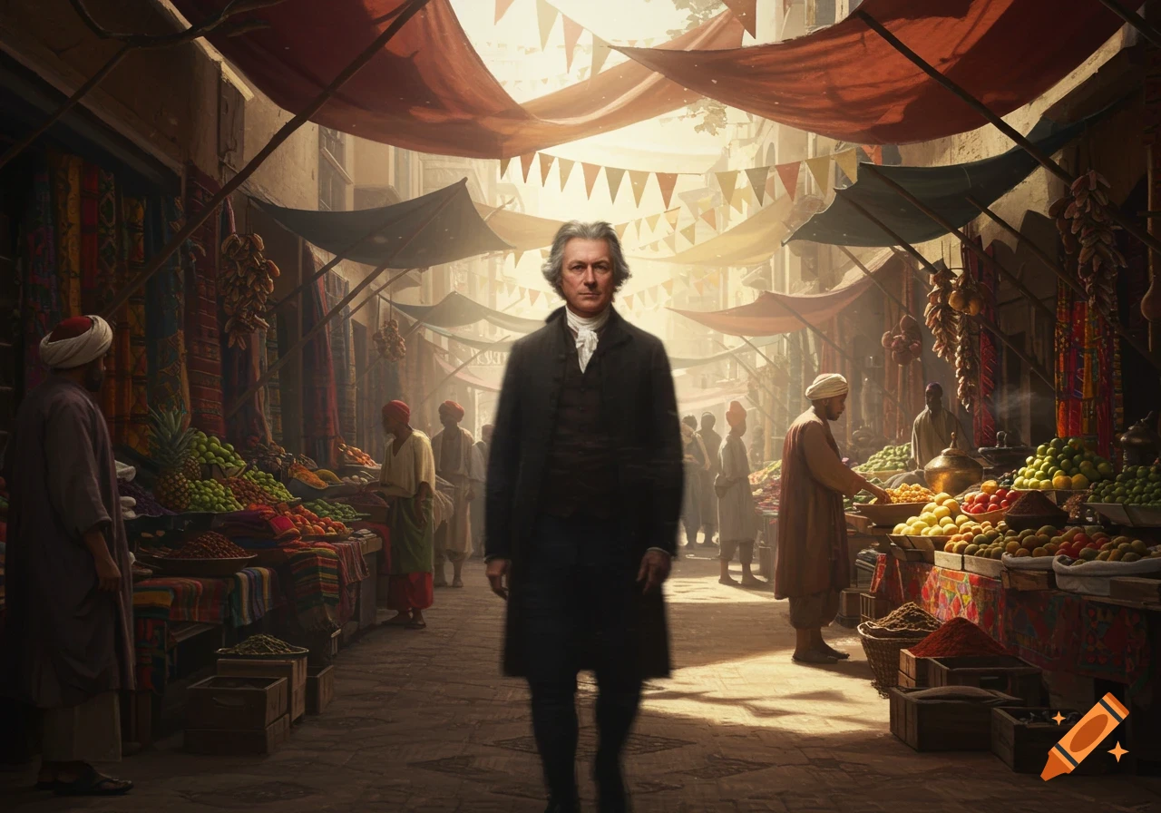 Adam Smith walks through a sunlit, bustling Middle Eastern bazaar with vibrant market stalls selling fruits and textiles.