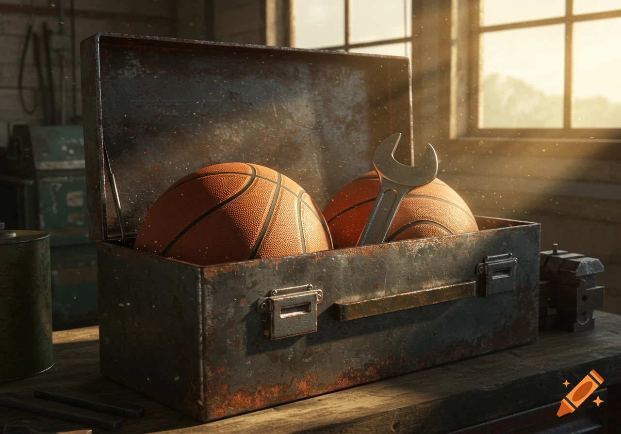 A photorealistic image of two basketballs and a wrench inside a rusty metal toolbox on a wooden workbench in a sunlit workshop.