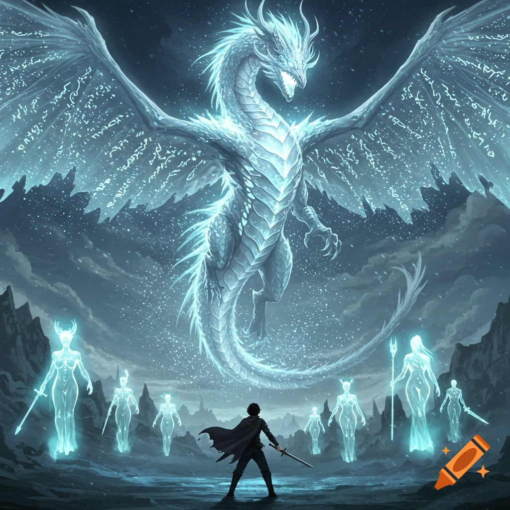 A dark figure with a sword faces a colossal, glowing ice dragon and several ethereal spirit warriors in a snowy, mountainous landscape.