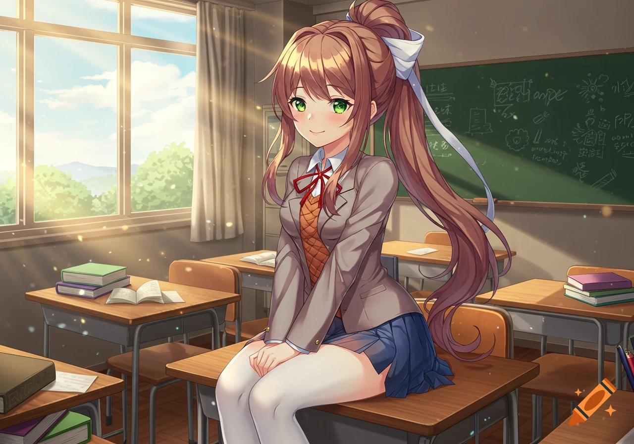 An anime girl with long brown hair and green eyes, wearing a school uniform, sits on a desk in a sunny classroom.