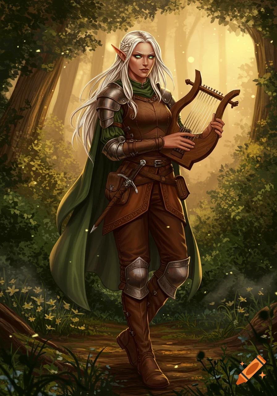 A female half-elf bard in leather armor and a green cloak stands in an enchanted forest, holding a lyre. Fantasy art style.