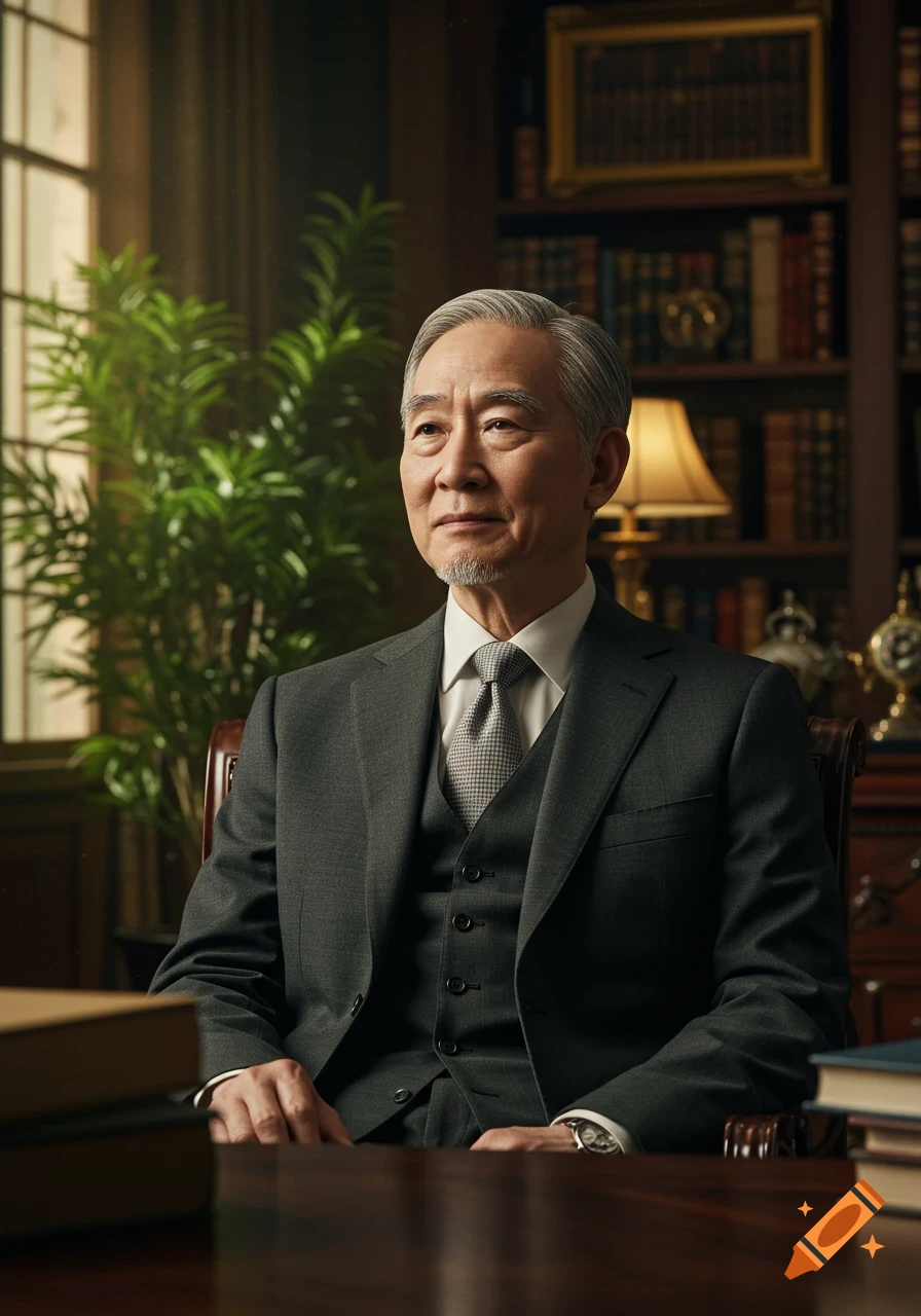A photorealistic portrait of an older Asian man with gray hair and a goatee, wearing a dark suit, sitting at a desk in a refined office.