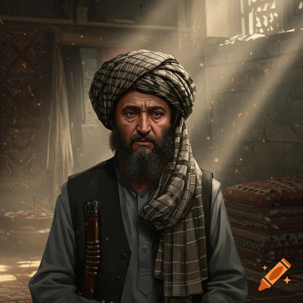 A stern-faced man with a black beard and a plaid turban, wearing a grey shirt and black vest, stands in a dusty room with sunlight filtering in.