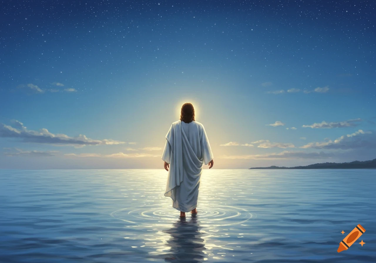 Jesus walking barefoot on calm water at dusk under a starry sky with a bright halo around his head.