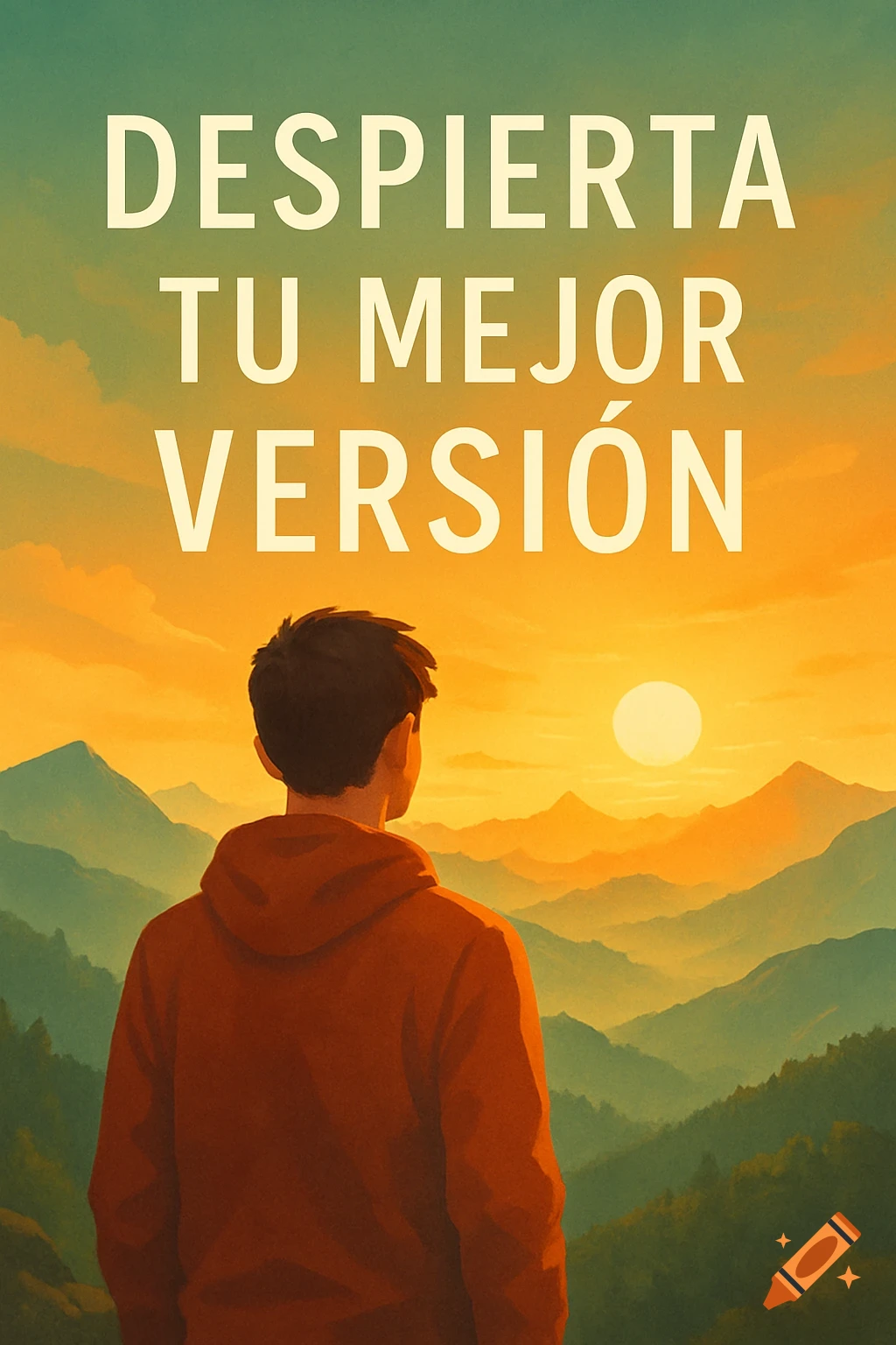 A person in a red hoodie viewed from behind looks at a stylized mountain landscape with a warm sunset sky. Text reads 'DESPIERTA TU MEJOR VERSI