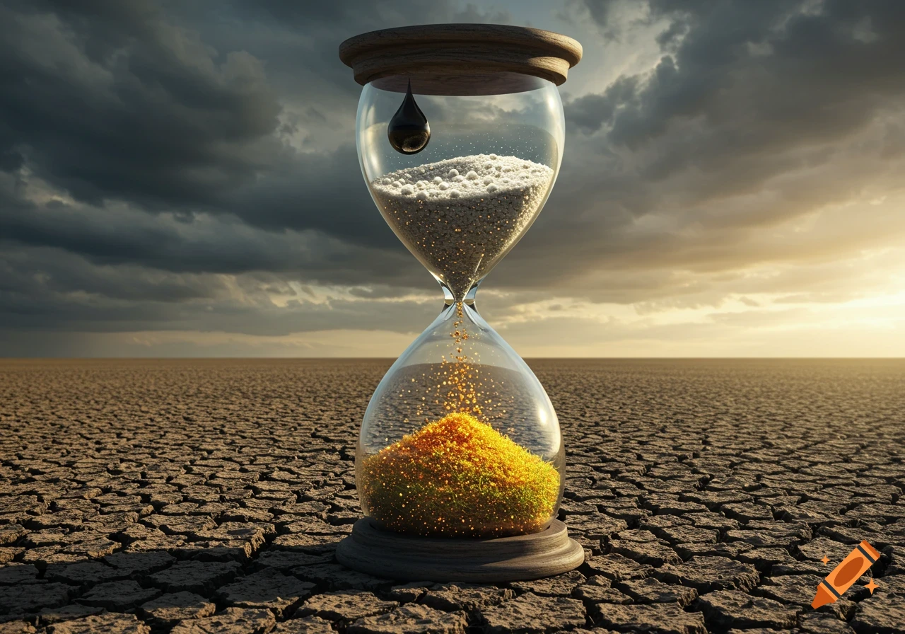A photorealistic hourglass in a cracked, dry field under a dramatic sky, symbolizing limited agricultural resources and time.