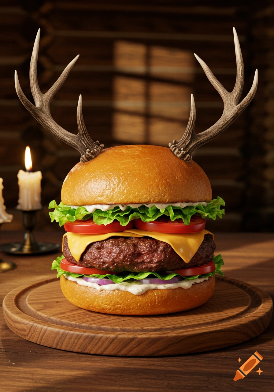 A photorealistic hamburger with deer antlers on top, served on a wooden board with a lit candle in a rustic setting.