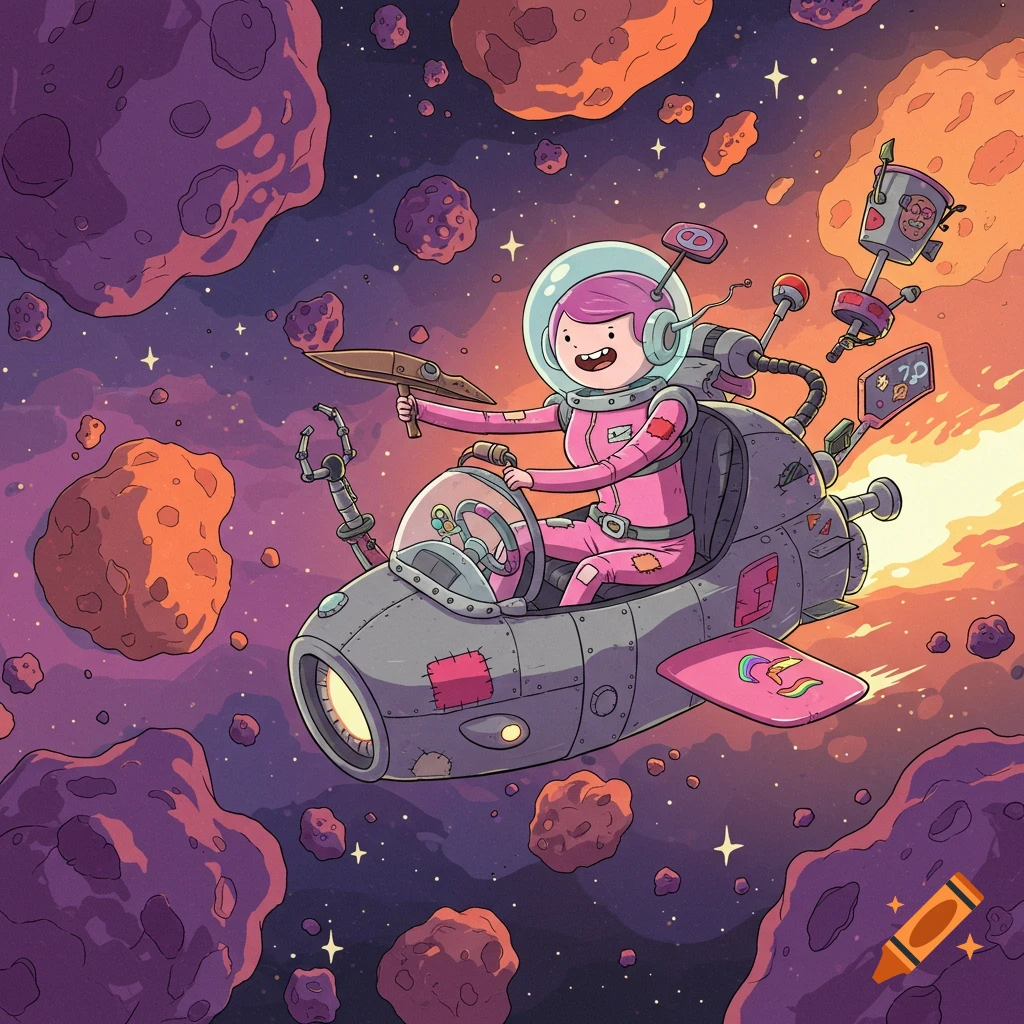 A pink-haired astronaut in a spacesuit pilots a quirky spaceship through an asteroid field, in a colorful Adventure Time cartoon style.