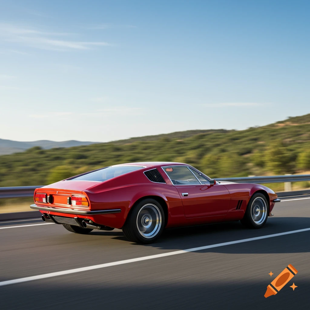A sleek red sports car drives on a highway under a clear blue sky, with green hills in the background.