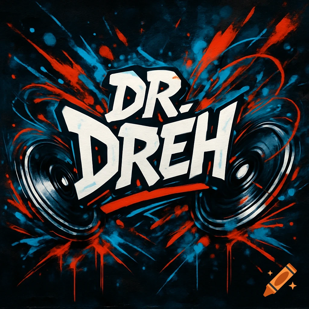 Vibrant graffiti art featuring 'DR. DREH' text with spinning discs and abstract red and blue splatters on a dark background.