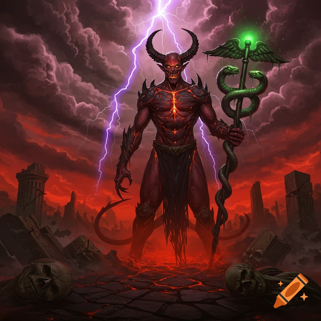 A muscular red demon with horns and glowing eyes holds a caduceus staff in a fiery, ruined landscape under a stormy, lightning-filled sky.