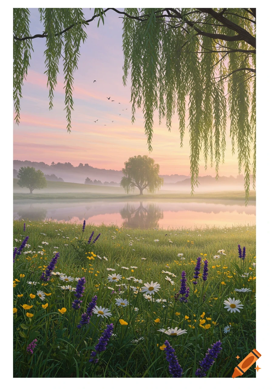 A serene landscape with a misty lake reflecting a sunset sky, surrounded by a field of wildflowers and an overhanging willow tree.