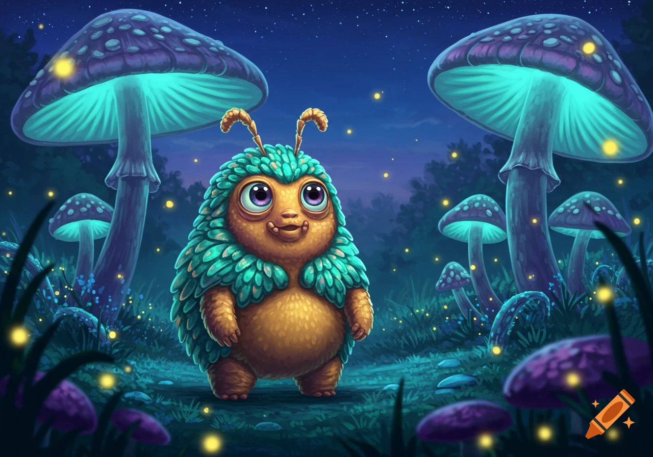 A cute, fuzzy green and brown creature with big purple eyes stands in a magical forest with glowing mushrooms and fireflies, in an illustration style.