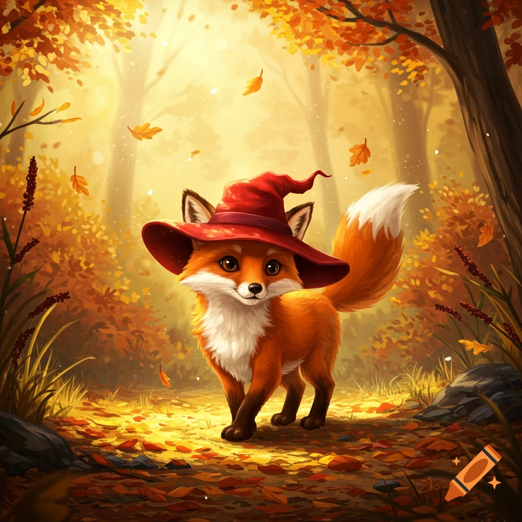 A cute cartoon fox wearing a red witch hat stands in a vibrant autumn forest with golden leaves falling.
