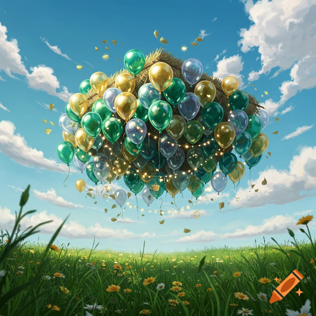 A large cluster of gold, green, and blue balloons forming a floating structure above a vibrant green field with flowers, under a blue sky.