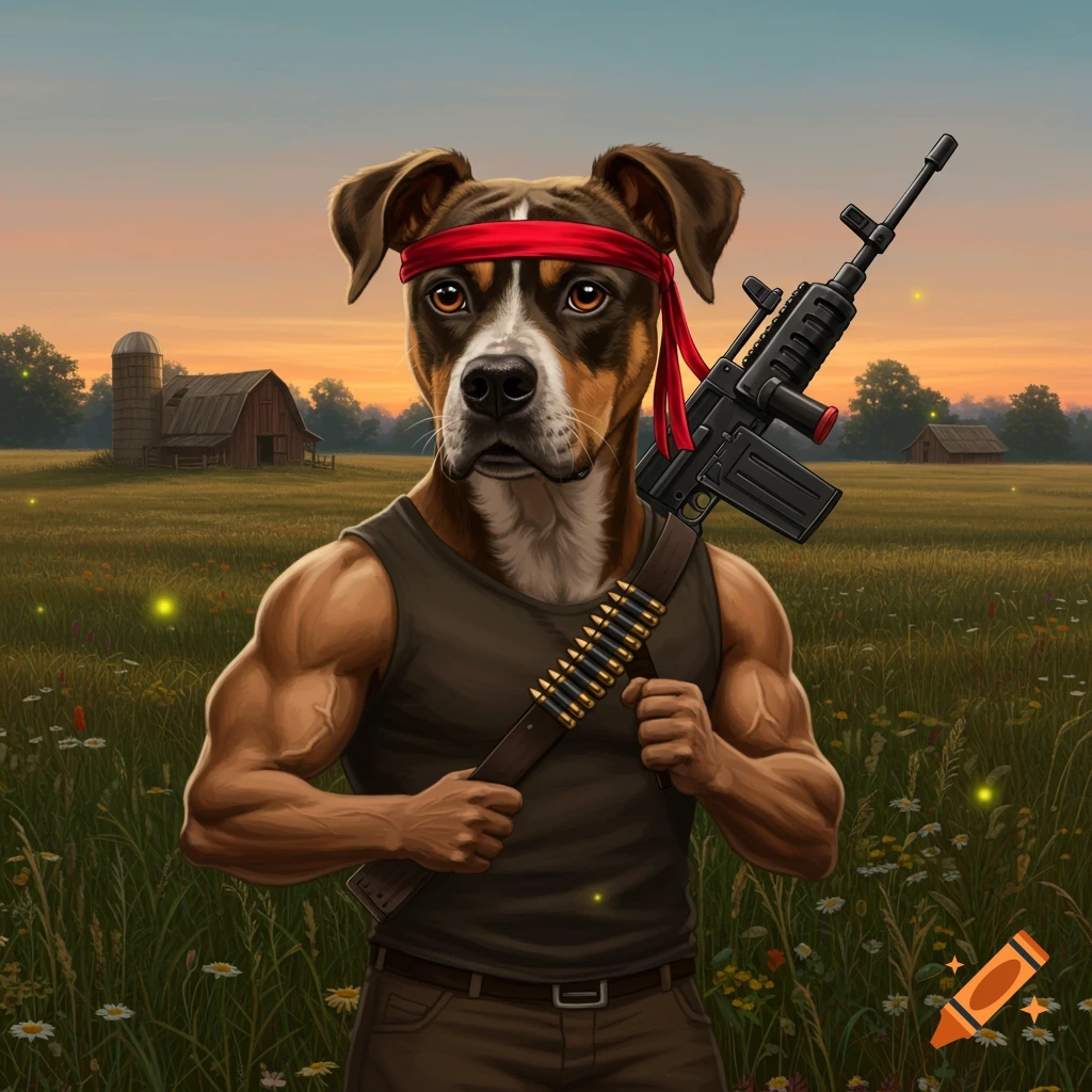 Muscular dog with a red bandana holds a rifle in a field with a barn at sunset, caricature style.